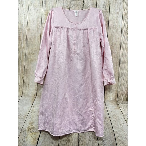 Adonna‎ Nightgown Large Pink Long Sleeves Half Button Front Damask Midi Prairie - Picture 2 of 6